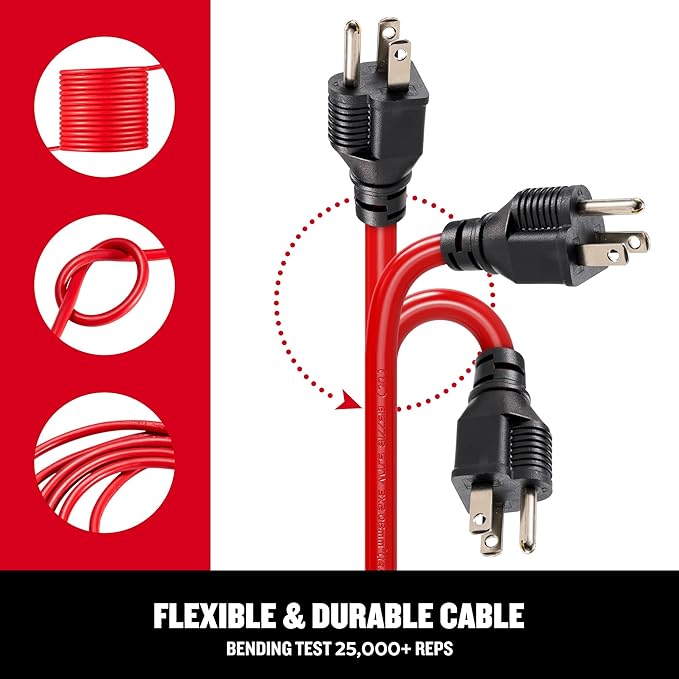 CRAFTSMAN 100 Ft. Indoor/Outdoor Extension Cord 16/3 SJTW, Waterproof Flexible Power Cable with 3-Prong Plug, 10A/1250W/125V, Heavy-Duty Contractor Cord, ETL Certified