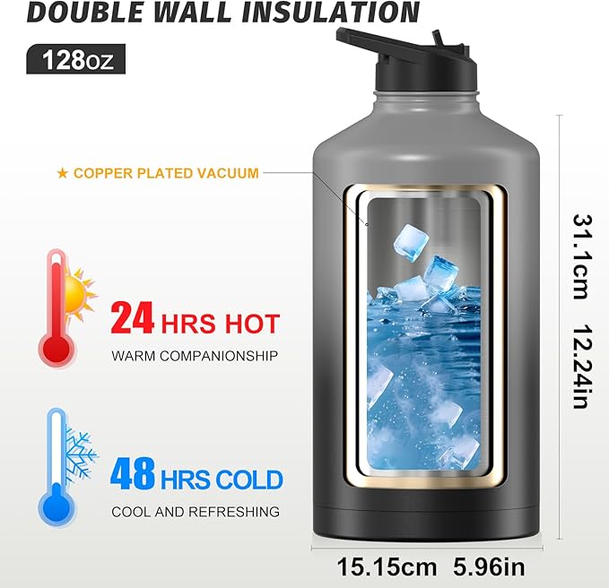 1 Gallon Water Bottle Insulated(Cold for 48 Hrs),BPA Free&Leak Proof,128oz Stainless Steel Water Jug,Large Water Bottle with Straw Spout Lids for Gym,Hiking,Camping&Travel,Grey Black