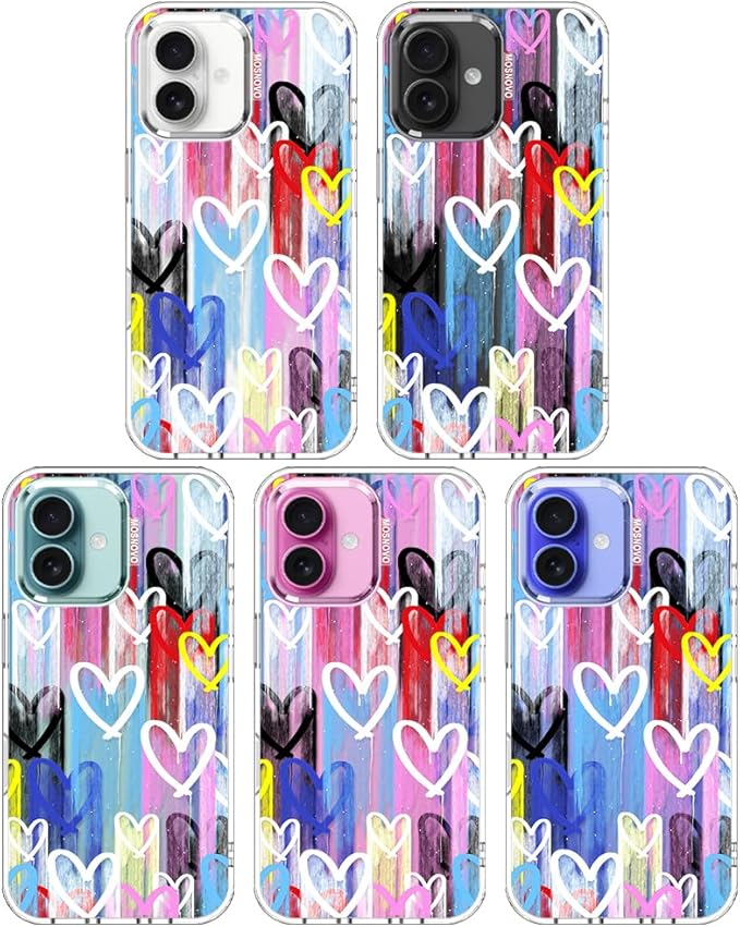 MOSNOVO for iPhone 16 Case, Shockproof Military-Grade Protection 6.6ft Drop Tested, Clear Phone Case for iPhone 16, Graffiti Hearts Design