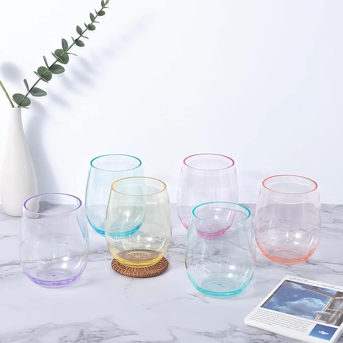 KOXIN-KARLU Classic 18-ounce Acrylic Stemless Wine Glasses, Unbreakable Mixed Drinkware Plastic Tumbler, set of 12 Multicolor