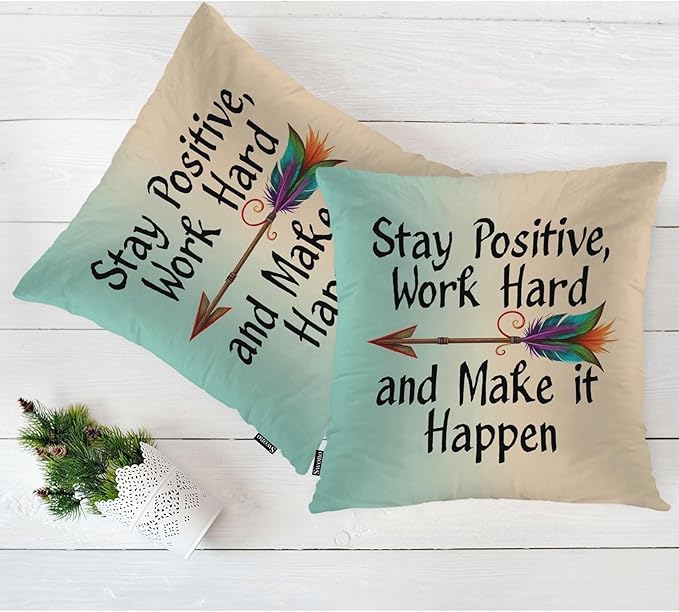 Swono Pillow Covers 18X18 Inch Set of 2 Life Quote, Throw Pillow Cases Stay Positive Work Hard and Make It Happen Arrow Pillowcase Cushion Cover Decorative for Outdoor Home Sofa Bedroom Livingroom
