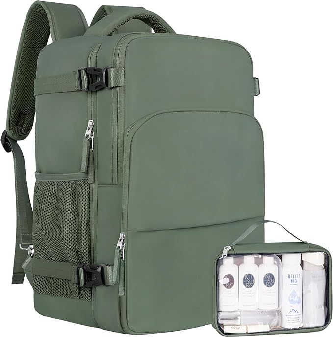 Sinaliy Travel Backpack, Carry on Flight Approved Backpack with Multi-Pockets, TSA Waterproof 17.3inch Laptop Backpack, Personal Item Travel Bag for Men Women, Army Green