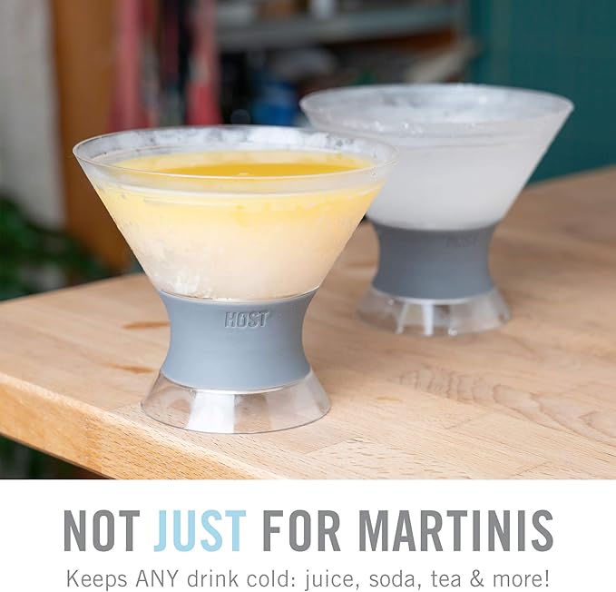 Host Freeze Insulated Martini Cooling Cups for Espresso Martinis, Gifts for Mom, Housewarming Gifts for Women, Plastic Freezer Gel Chiller Double Wall Stemless Cocktail Glasses, Set of 2, 9 oz, Gray