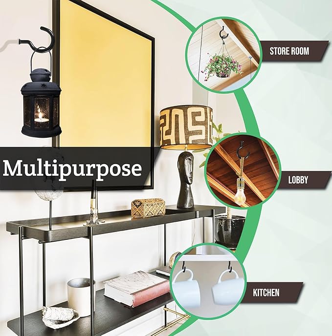 Ceiling Hooks for Hanging Plants- 20pcs 2.9 inches Heavy Duty Vinyl Coated Plant and Kitchen Mug, Black Hanging Hooks for Indoor Outdoor Lights and Wind Chimes