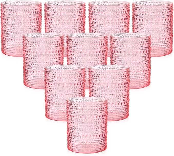 YOUBET 24PCS Plastic Drinking Glasses - 14OZ Pink Hobnail Drinkware Glasses - Vintage Glassware Textured Beaded Cups for Water, Beer, Whiskey, Juice and Various Mixed Drinks Mothers Day
