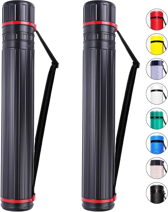 CALPALMY 2-Pack XX-Large Extendable Poster Tubes Expand from 30.5” to 50” with Shoulder Strap | Carry Documents, Blueprints, Drawings and Art | Black Portable Durable Round Storage Cases