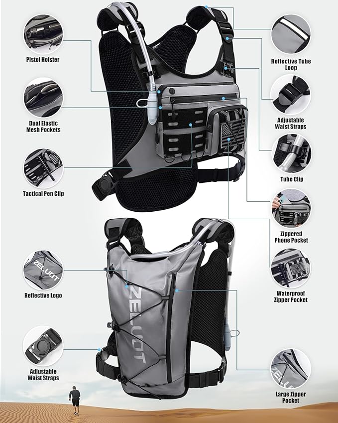 Zelvot Running Vest with 2L Water Bladder, Hydration Backpack, U.S. Original Design Patent, Lightweight Hydration Pack with Gear Holder, Reflective Chest Pack for Men Women for Marathon