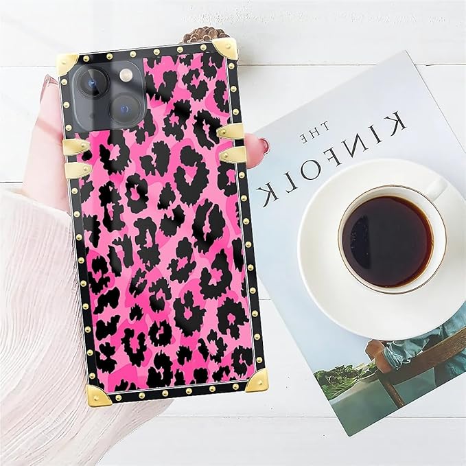 Compatible with iPhone 13 Case, Pink Black Leopard Luxury Golden Decoration for Girl Women Soft TPU Shockproof Protective Hard PC Back for iPhone 13