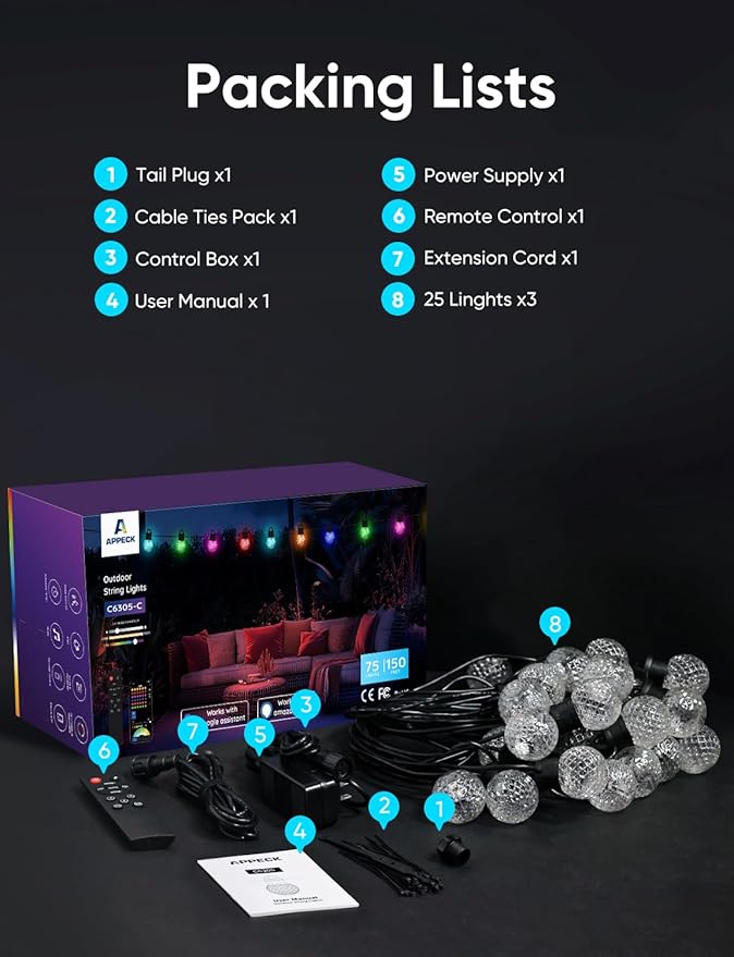 APPECK Outdoor String Lights 150ft, RGBW Color Changing Patio Lights with 75 Dimmable LED Bulbs, 111 Scene Modes, IP65 Waterproof Lighting for Outside, Party, Backyard, Pool, Compatible with Alexa
