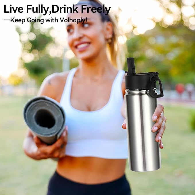 Volhoply 18oz Kids Insulated Water Bottle,Stainless Steel Water Bottles with Straw,Double Wall Vacuum Metal Water Bottle,Wide Mouth Reusable Sports Travel Flask For Cold Drink(Silver,1 Set)