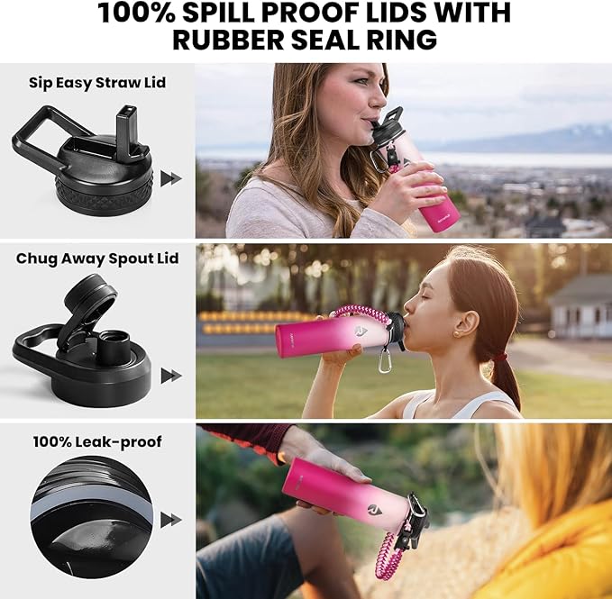 RAYMYLO Insulated Water Bottle 24oz, Triple Wall Vacuum Stainless Steel (Cold for 24Hrs, Hot for 12Hrs), Leak Proof & Non-BPA, 24oz Hydro Water Flask with Paracord Handle & Straw Spout Lids