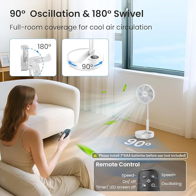 TriPole Portable Standing Fan, 8000mAh Rechargeable Oscillating Fan with Remote, 8.1'' Quiet Pedestal Floor Fan with LED Display & Timer, Foldable Small Desk Fans for Bedroom, Office, Camping, Travel