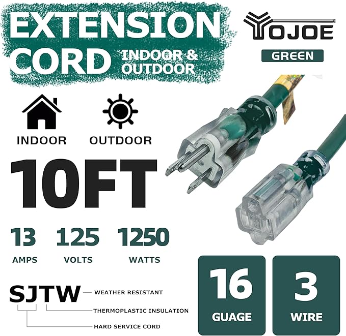 YOJOE Indoor Outdoor Extension Cord with Lighted End, 3 Prong 13A Weatherproof Power Cord, 16 Gauge Heavy Duty 10 ft Green Extension Cord for Garage, Garden and Home, 16/3 SJTW UL Listed