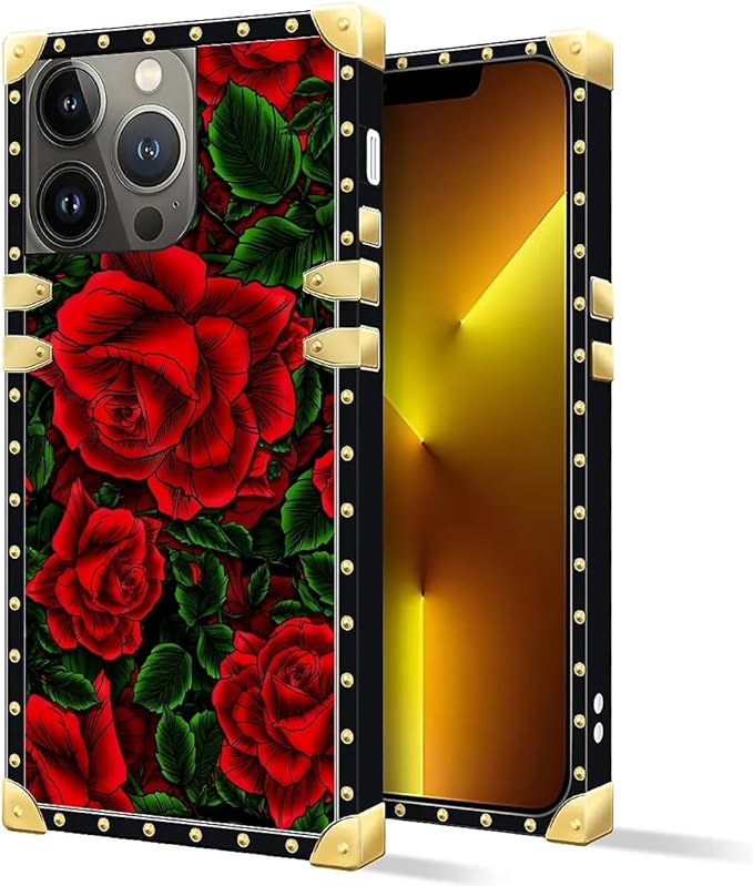 Compatible with iPhone 13 Pro Case, Vector Red Rose Green Leaf Luxury Golden Decoration for Girl Women Soft TPU Shockproof Protective Hard PC Back for iPhone 13 Pro