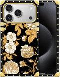 for iPhone 17 Pro Max Case Luxury Golden Decoration for Girl Women Soft TPU Shockproof Protective Hard PC Back for iPhone 17 Pro Max Crazy Pattern Blooming Rose Golden Flower