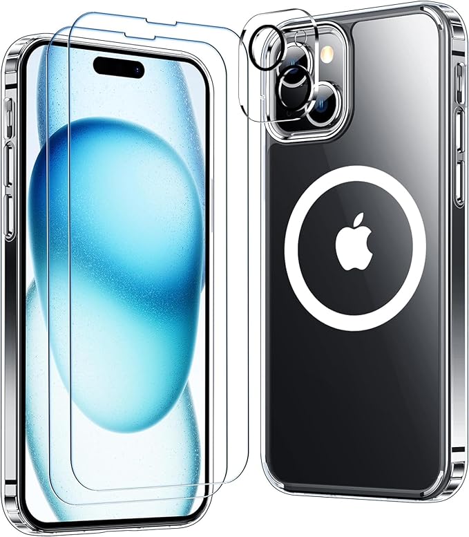 Red2Fire Magnetic for iPhone 15 Plus Case for iPhone 14 Plus Case Clear, [Compatible with Magsafe][2X Glass Screen Protector+Camera Lens Protector] [Not Yellowing] Slim Phone Case 6.7 inch - Clear