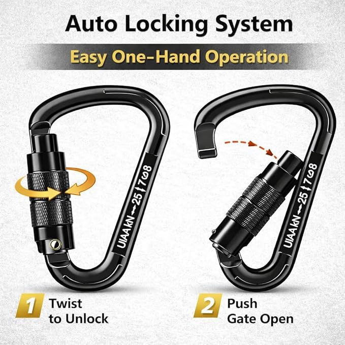 Auto Locking Carabiner Heavy Duty Carabiner 25kN UIAA Certified Climbing Carabiner Climbing Equipment Safety Carabiners for Rappelling, Hammocks, Rescue, Dog Leash, Swing