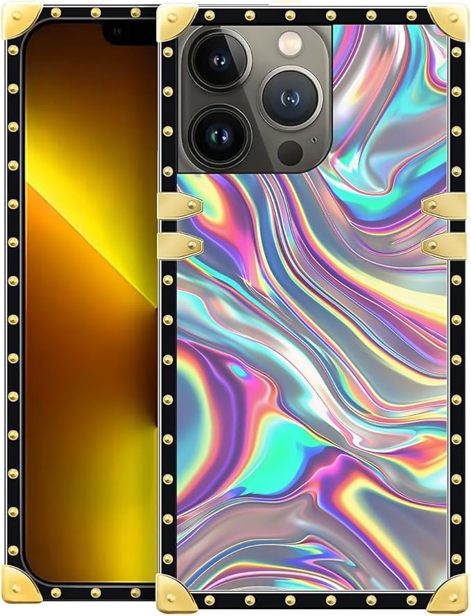 Compatible with iPhone 13 Pro Max Case, Holographic Abstract Iridescent Textures Luxury Golden Decoration for Girl Women Soft TPU Shockproof Protective Hard PC Back