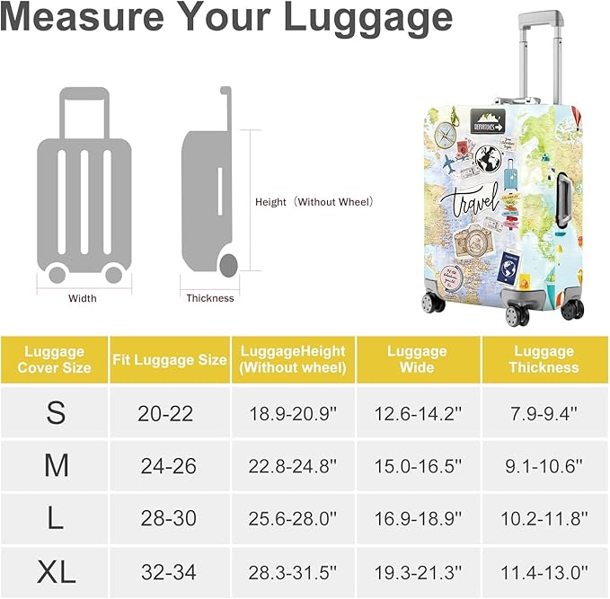 ANNA QUEEN Travel Collage Luggage Cover, World Map & Sticker Style Suitcase Protector for 32-34 Inch Travel Bags