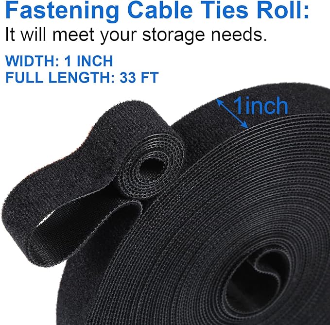 OneLeaf Hook and Loop Roll Reusable Fastening Cable Ties, 33ft x 1inch Black Heavy Duty Cord Organizer Straps, Free Cutting Multi-Purpose Cable Management Tape for Home and Office