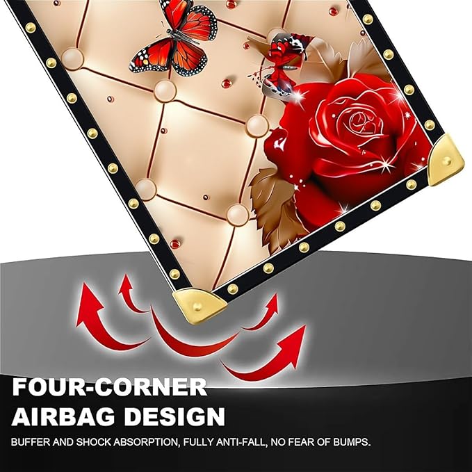 Compatible with iPhone 16 Plus Case, Shining Red Rose Butterfly Leather Background Luxury Golden Decoration for Girl Women Soft TPU Shockproof Protective Hard PC Back