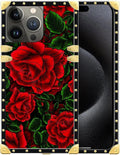 Compatible with iPhone 16 Pro Max Case, Vector Red Rose Green Leaf Luxury Golden Decoration for Girl Women Soft TPU Shockproof Protective Hard PC Back