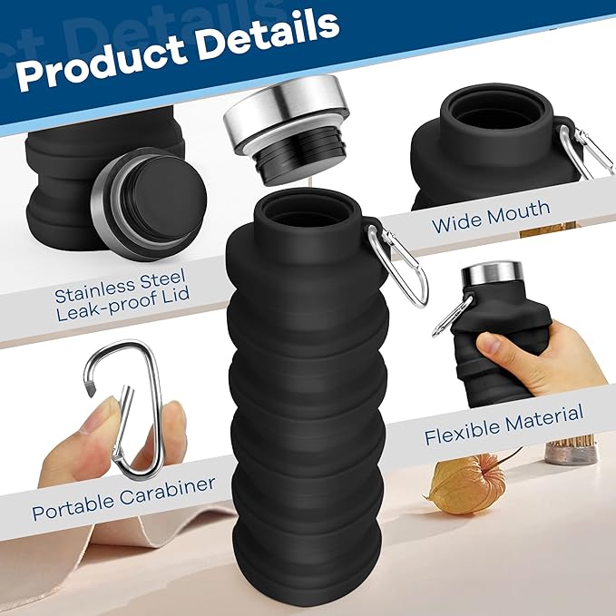 Collapsible Water Bottles 17oz, Portable Leak-Proof Travel Water Bottle, Reusable BPA Free Silicone Foldable Water Bottle with Carabiner for Gym, Traveling, Camping, Hiking, Sports(Black+Purple)