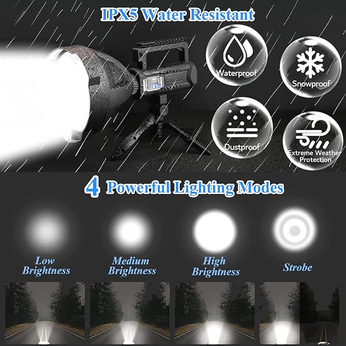 Rechargeable Spotlight, 2,000,000L High Lumens Led Spot Lights Outdoor Handheld Super Bright Long Range Powerful Flashlight with 4 Modes, Tripod, USB C, IPX5 Waterproof for Fishing Boating Camping
