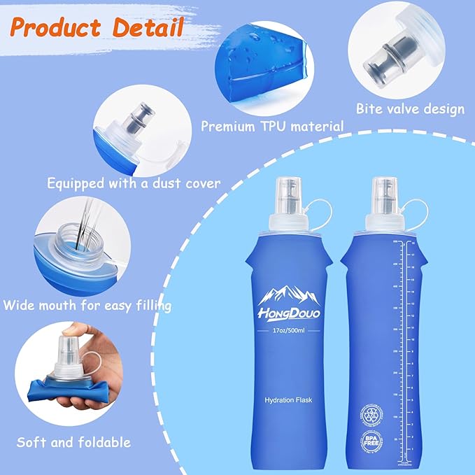 Flexible Running Bottles - Two Pack: 500ml/17oz, Foldable, BPA/PVC Free Soft Flask for Hydration Vests and Running Packs, Collapsible Leak-proof Pocket Bottle for Jogging, Hiking, Cycling, Climbing