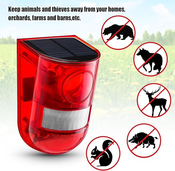 Qualirey Solar Sound and Light Alarm Motion Sensor 129db Outdoor Security Siren Waterproof Activated Detector Driveway Alarm 6 LEDs Flash Warning Deterrent Strobe System for Home, Farm(Red,16 Pack)