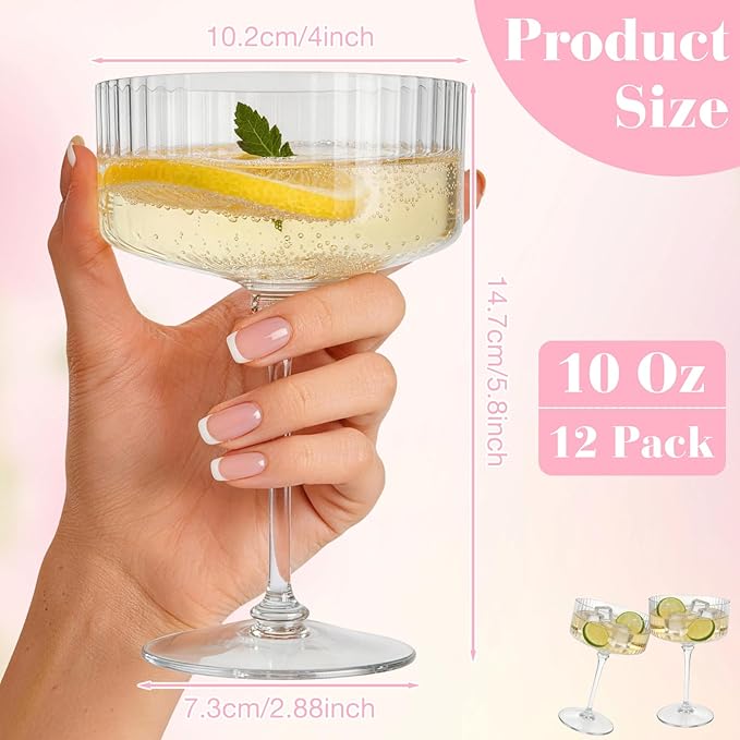 PLULON 12 Pcs Clear Martini Glasses Set 10 Oz Plastic Ribbed Coupe Glass, Cocktail Glasses Champagne Cup Tower Vintage Margarita Glassware for Cocktail Wine Bar Drinking Wedding Party Outdoor Events