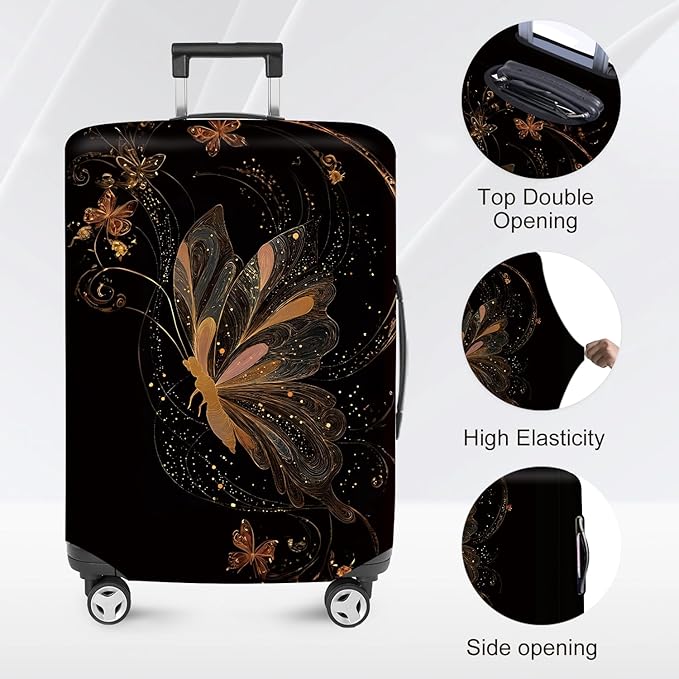 ANNA QUEEN Gold Butterfly Travel Luggage Cover -Stretchable Airplane Suitcase Protector Sleeve,Universal Washable Fit for 20-26 Inch Checked Baggage,Water Resistant Durable Luggage Protector