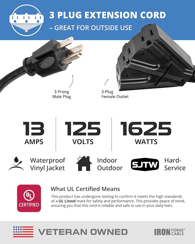 Iron Forge Cable 2 Pack 10 Ft Black Extension Cord with 3 Outlets - 16/3 SJTW 10 Foot Extension Cord 3 Prong, Weatherproof Power Cable for Outdoor