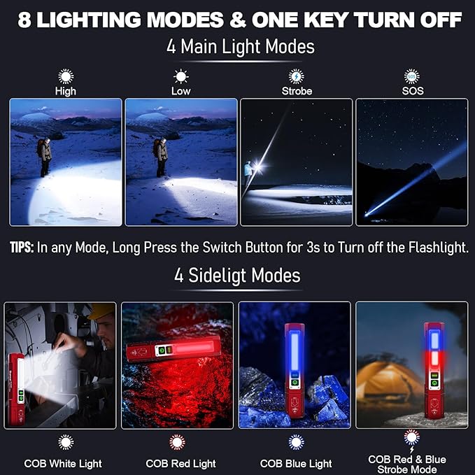 Banral Rechargeable Flashlights High Lumens - Super Bright Small Pocket Magnetic Flashlight, 8 Modes LED Tactical Flash Light, Dual Button Powerful Flashlight for Camping (1, Red)