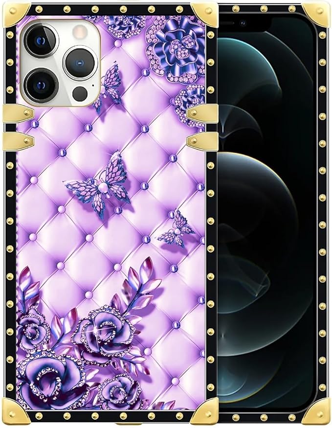 Compatible with iPhone 12 Case, Purple Butterfly Flowers Leaf Luxury Golden Decoration for Girl Women Soft TPU Shockproof Protective Hard PC Back for iPhone 12 Pro