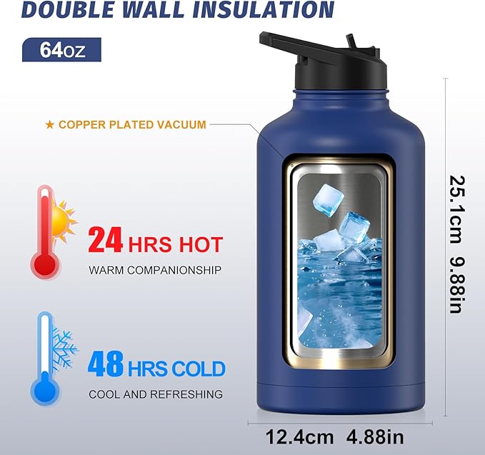 64oz Insulated Water Bottle (Cold for 48 Hrs),BPA Free&Leak Proof,Half Gallon Stainless Steel Water Flask,Water Jug with Straw Spout Lids for Gym,Hiking,Camping,Deep Blue