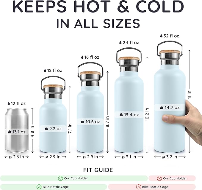 Bambaw Stainless Steel Water Bottle 24 oz, Metal Water Bottle Insulated, Lightweight & Reusable, Keeps Drinks Cold 24h & Hot 12h, Sleek & Elegant Design, Fits in Cup Holder (Ice Blue)