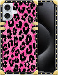 Compatible with iPhone 16 Case, Pink Black Leopard Luxury Golden Decoration for Girl Women Soft TPU Shockproof Protective Hard PC Back