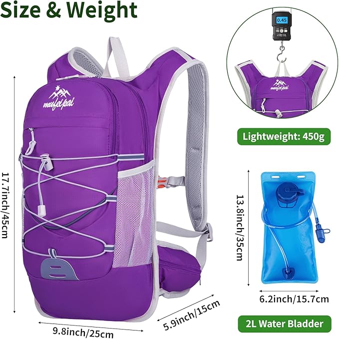 Hiking Backpack for Women & Men, Hydration Backpack with 2L Water Bladder for Running, Hiking, Cycling, Climbing, Camping, Biking (Purple)