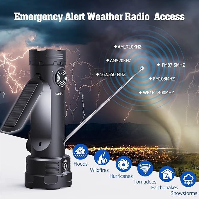 PPLEE Emergency Weather Radio NOAA Certified, Hand Crank Solar Flashlight Radio with Cell Phone Charger, Portable AM FM Battery Powered Radio, Reading Lamp, SOS Alarm for Hurricane Camping Survival