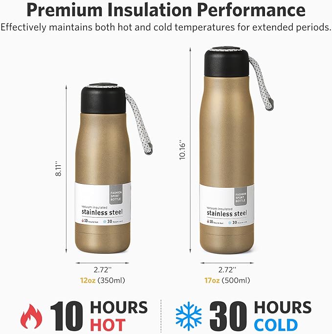 12 oz Insulated Water Bottle, Dusgut Wide Mouth Water Bottle,Stainless Steel,Wide Mouth Portable Lid, Gold
