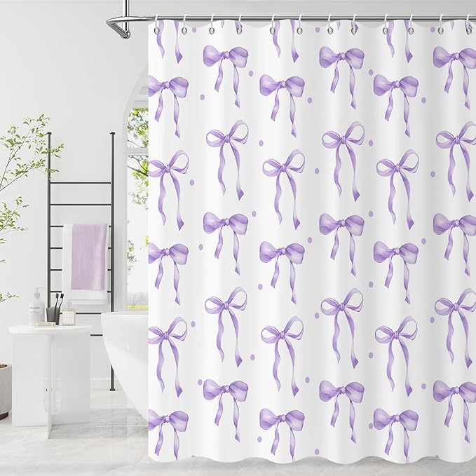 Purple Bow Shower Curtain, Lavender Modern Aesthetic Bowknot with Polka Dot Cute Girly Bathroom Curtain Waterproof Fabric Machine Washable with Hooks, 48" Wx72 L