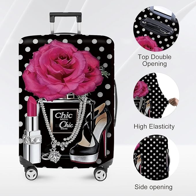 ANNA QUEEN Vintage Polka Dot Rose Travel Luggage Cover -Stretchable Airplane Suitcase Protector Sleeve,Universal Washable Fit for 20-26 Inch Checked Baggage,Water Resistant Durable Luggage Protector