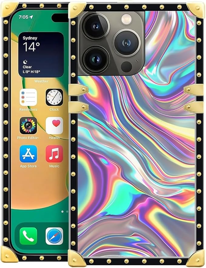Compatible with iPhone 14 Pro Case, Holographic Abstract Iridescent Textures Luxury Golden Decoration for Girl Women Soft TPU Shockproof Protective Hard PC Back for iPhone 14 Pro
