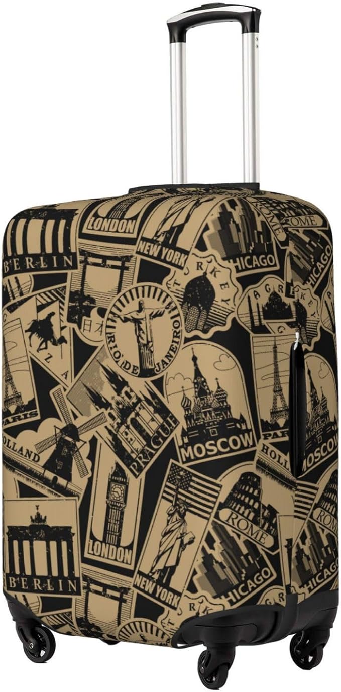 Travel Luggage Cover with World Famous Landmarks Print, Suitcase Protector For Travel (Fits 18-21 Inch Luggage)