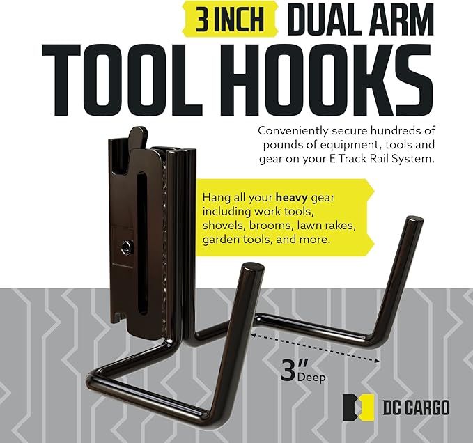DC Cargo Mall Dual Arm Tool Hook Hanger E Track Accessories 3" Deep (10 Pack) - Garage Wall Mount, Truck, Enclosed Trailer, Storage ETrack System