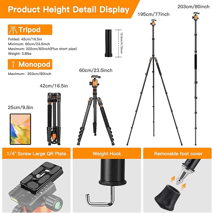 82" Tall Camera Tripod Heavy Duty, Victiv Aluminum DSLR Tripod Monopod for Photography Travel, Professional Camera Stand for Spotting Scope Telescope Binocular