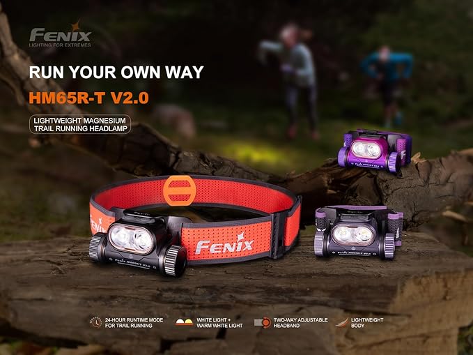 Fenix HM65R-T V2.0 Running Headlamp, 1600 Lumen White Light and Warm White Dual Beams, USB-C Rechargeable, Lightweight Long Runtime for Trail Running, with Organizer (Black)