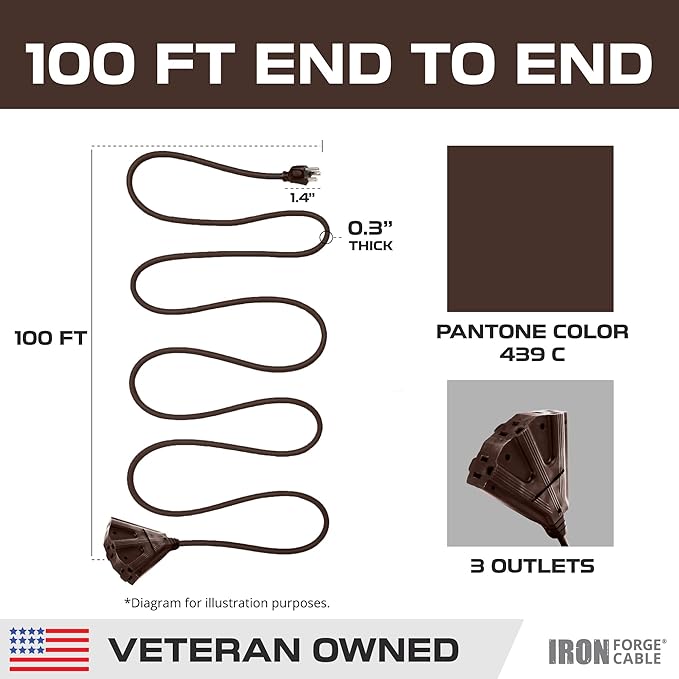 Iron Forge Cable 100ft Brown Outdoor Extension Cord with 3 Outlets - 16/3 SJTW 100ft Extension Cord 3 Prong, 13 Amp All-Weather Heavy Duty Power Cable