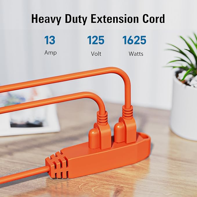 K KASONIC - 50-Feet 3 Outlet Extension Cord, ETL/UL Listed, 16/3 SJTW 3-Wire Grounded, 13 Amp 125 V 1625 Watts, Multi-Outlet Indoor/Outdoor Use, Orange